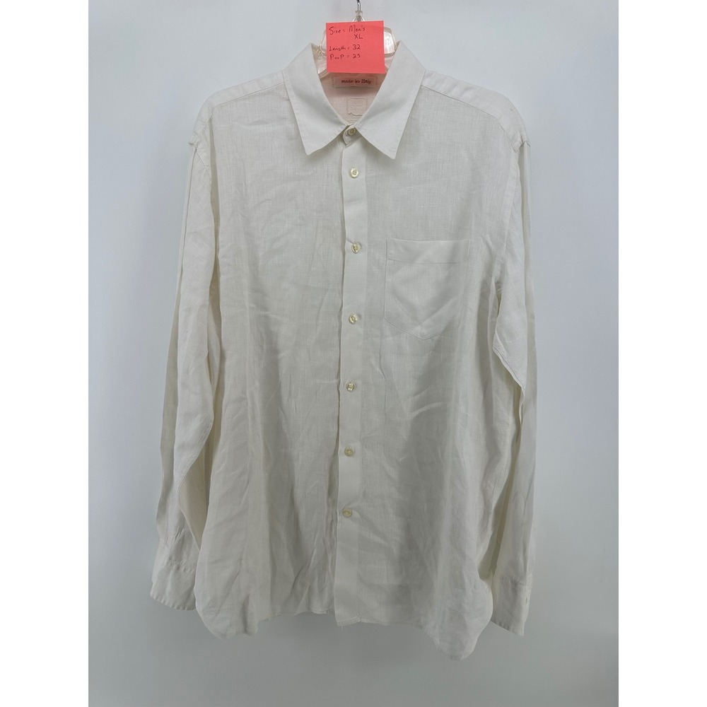 120% Lino Mens XL White 100% Linen Long Sleeve Button Down Shirt Made in Italy